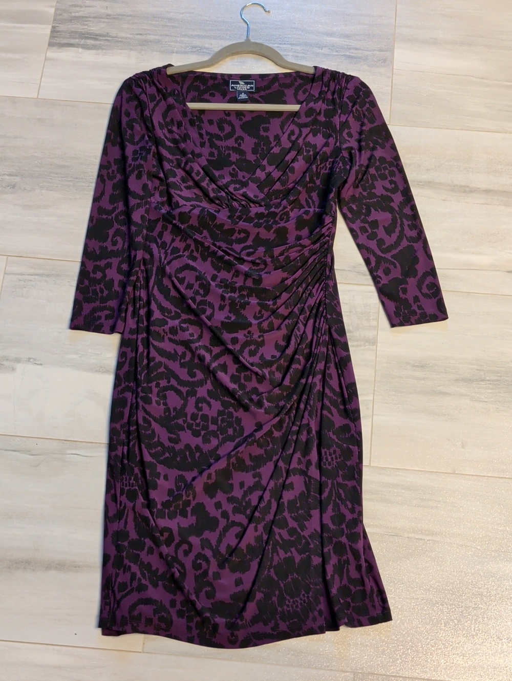 Vintage American Living Purple and Black Animal Print Faux-Wrap Midi Dress
